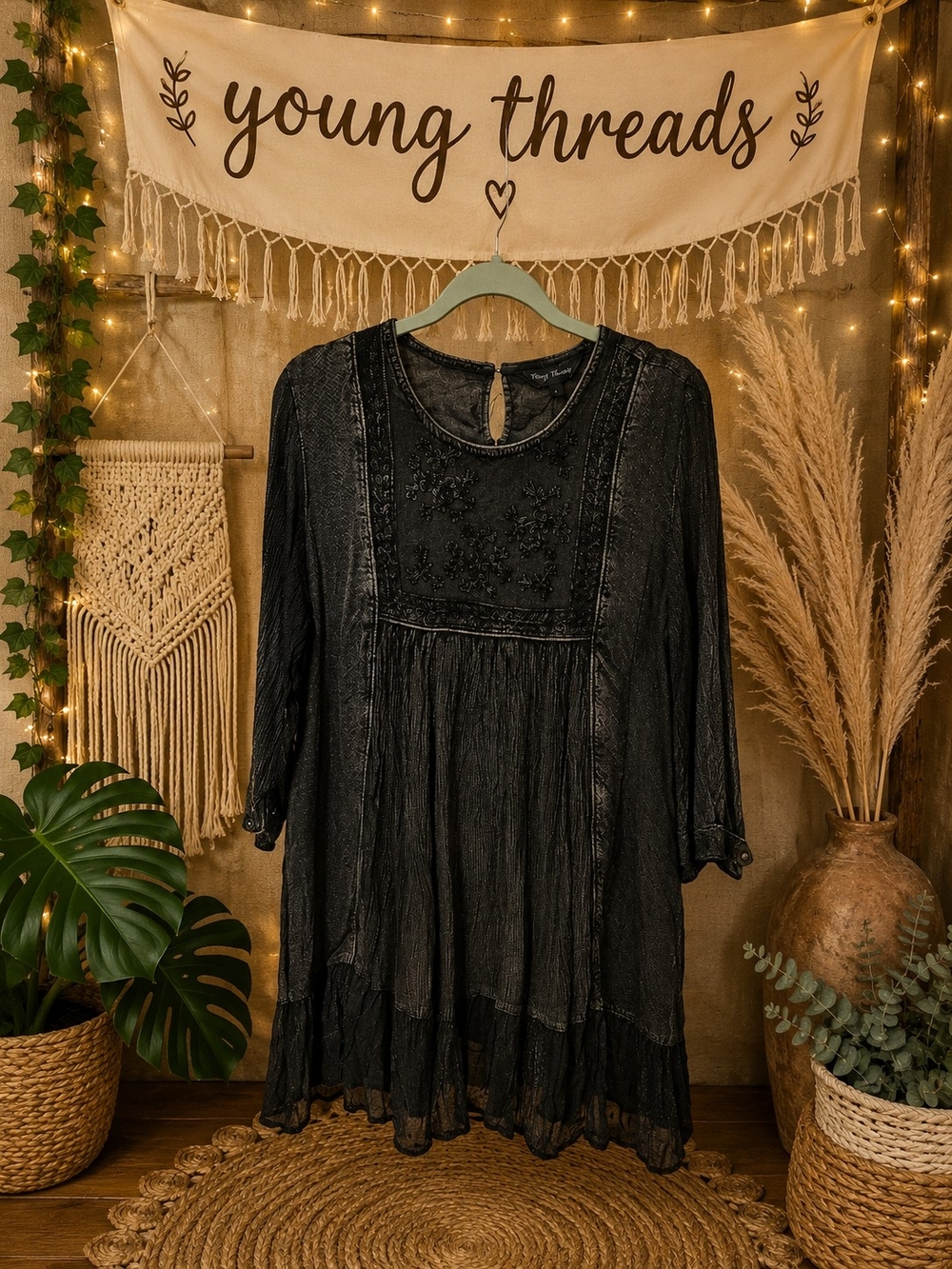 Young Threads Black Embroidered Mini Dress